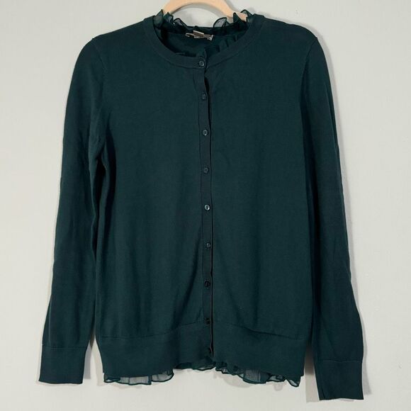 LOFT Sweaters - LOFT Dark Green Cotton Button Cardigan Ruffled Hems M